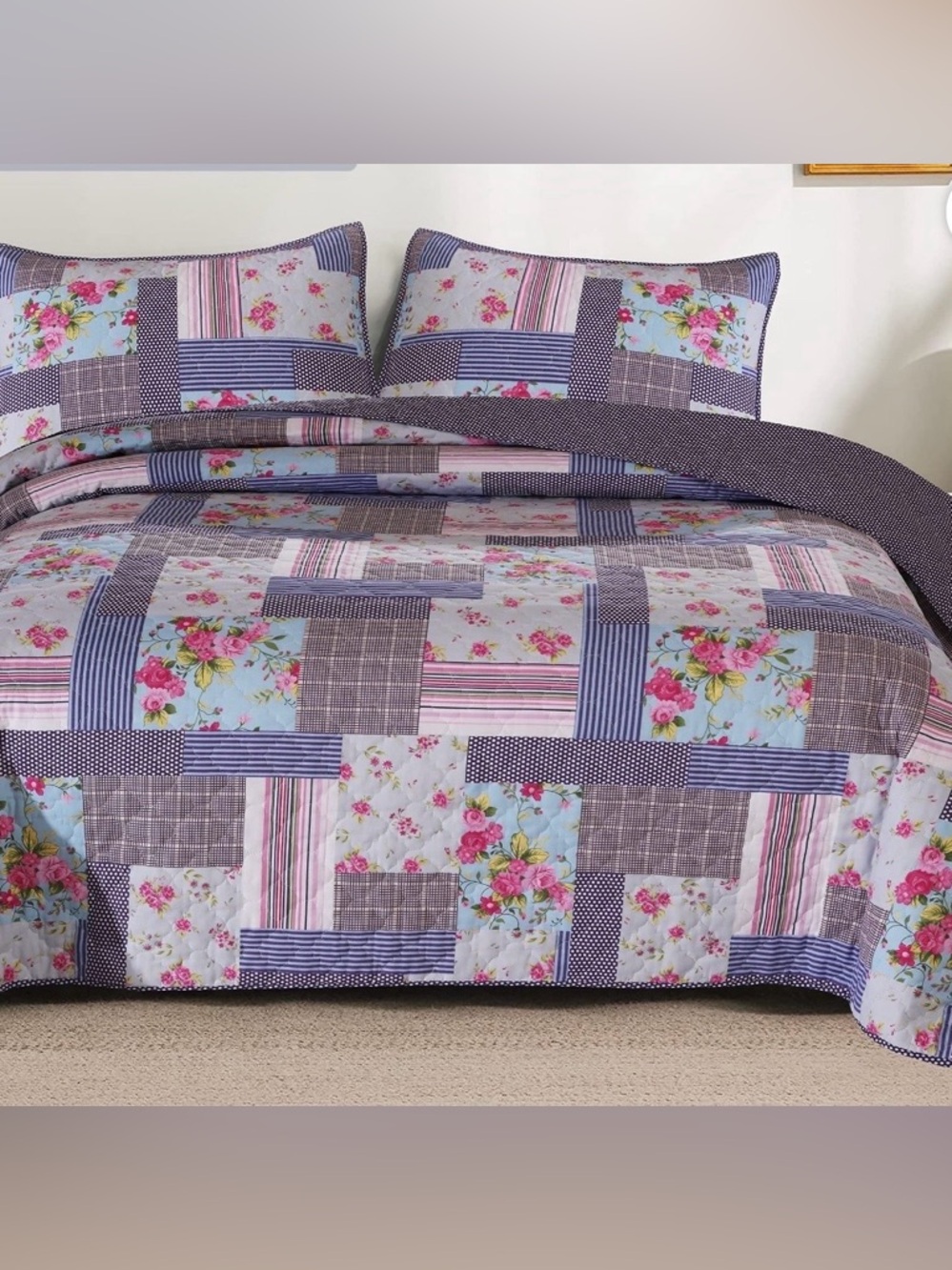 Patchwork Floral Quilt Set, 100% Cotton Cozy and Soft, Perfect for Spring/Summer